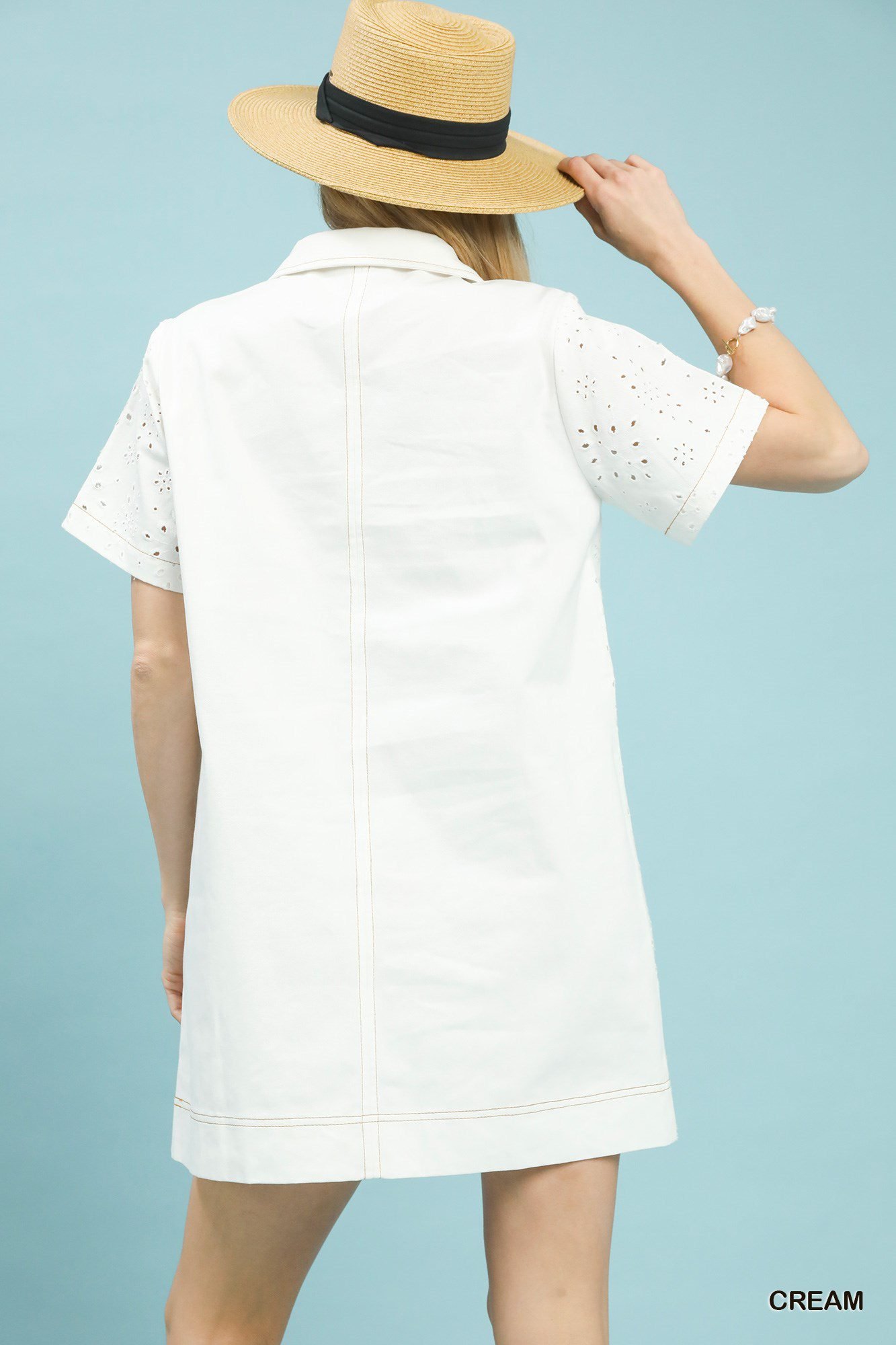 Women's Cream Eyelet Short Sleeve Shift Dress with Pockets