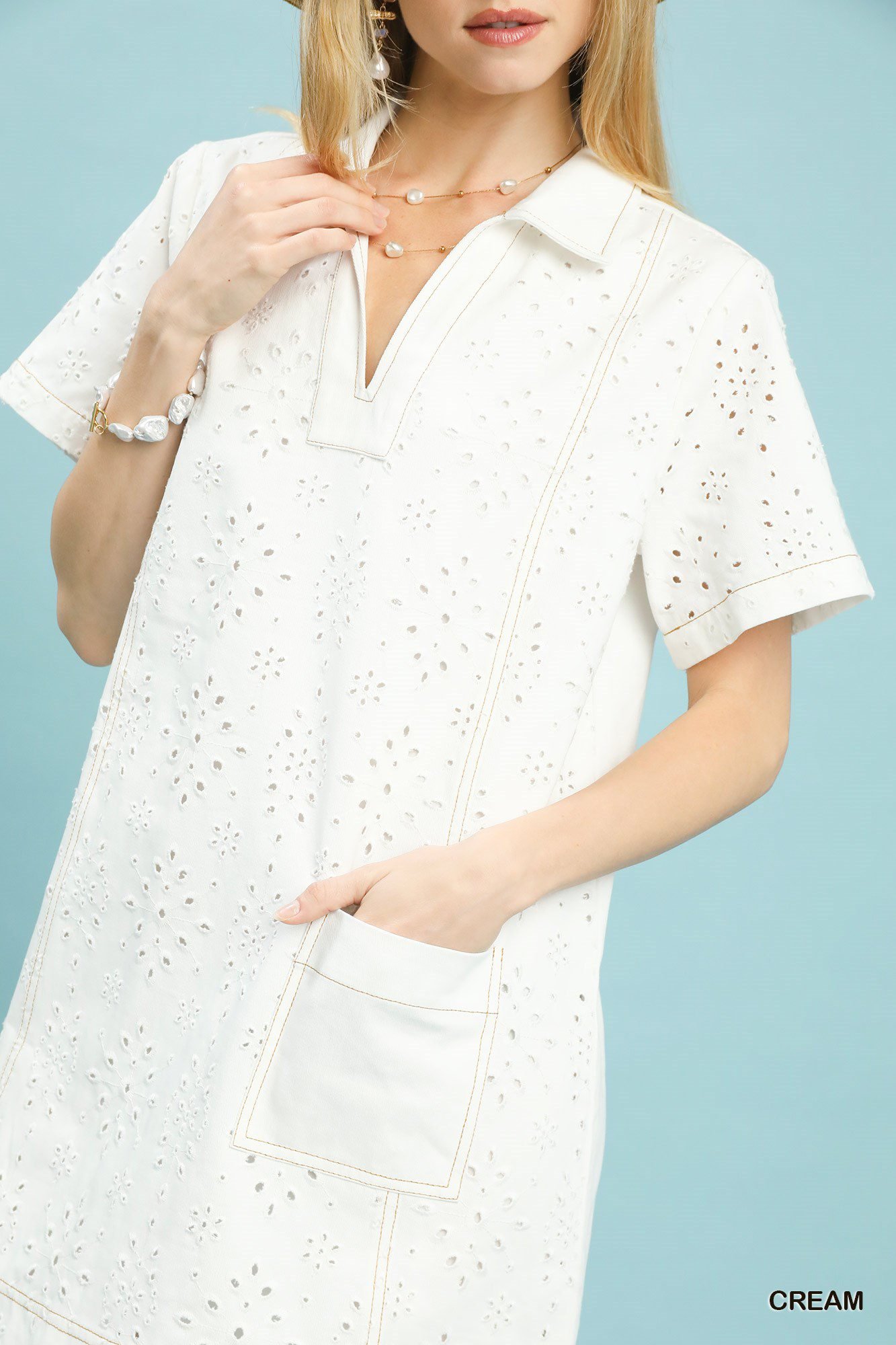 Women's Cream Eyelet Short Sleeve Shift Dress with Pockets