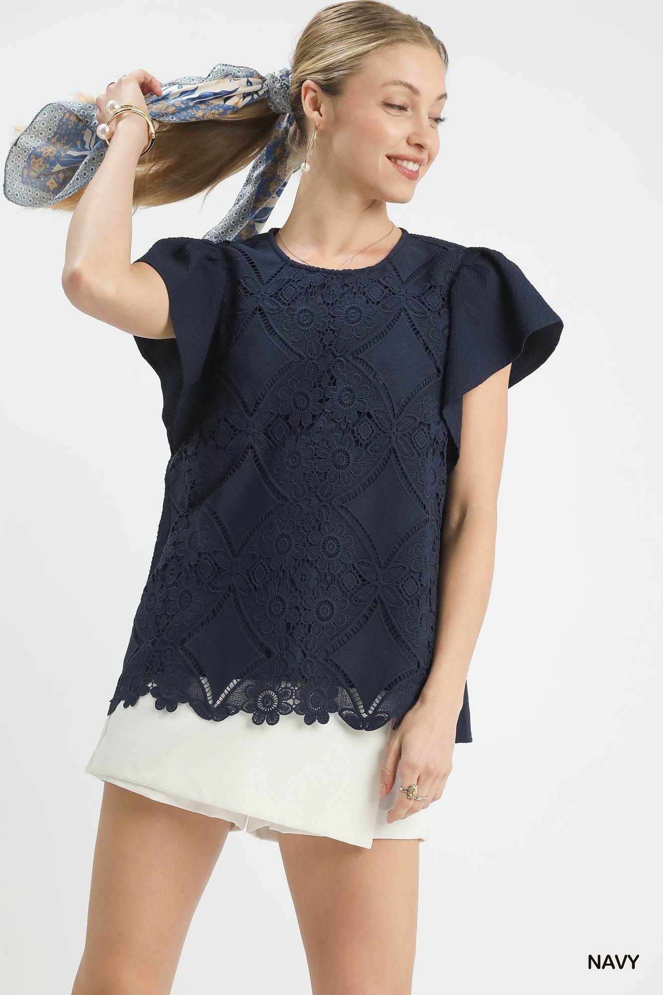 Floral Lace Overlay Flutter Sleeve Top