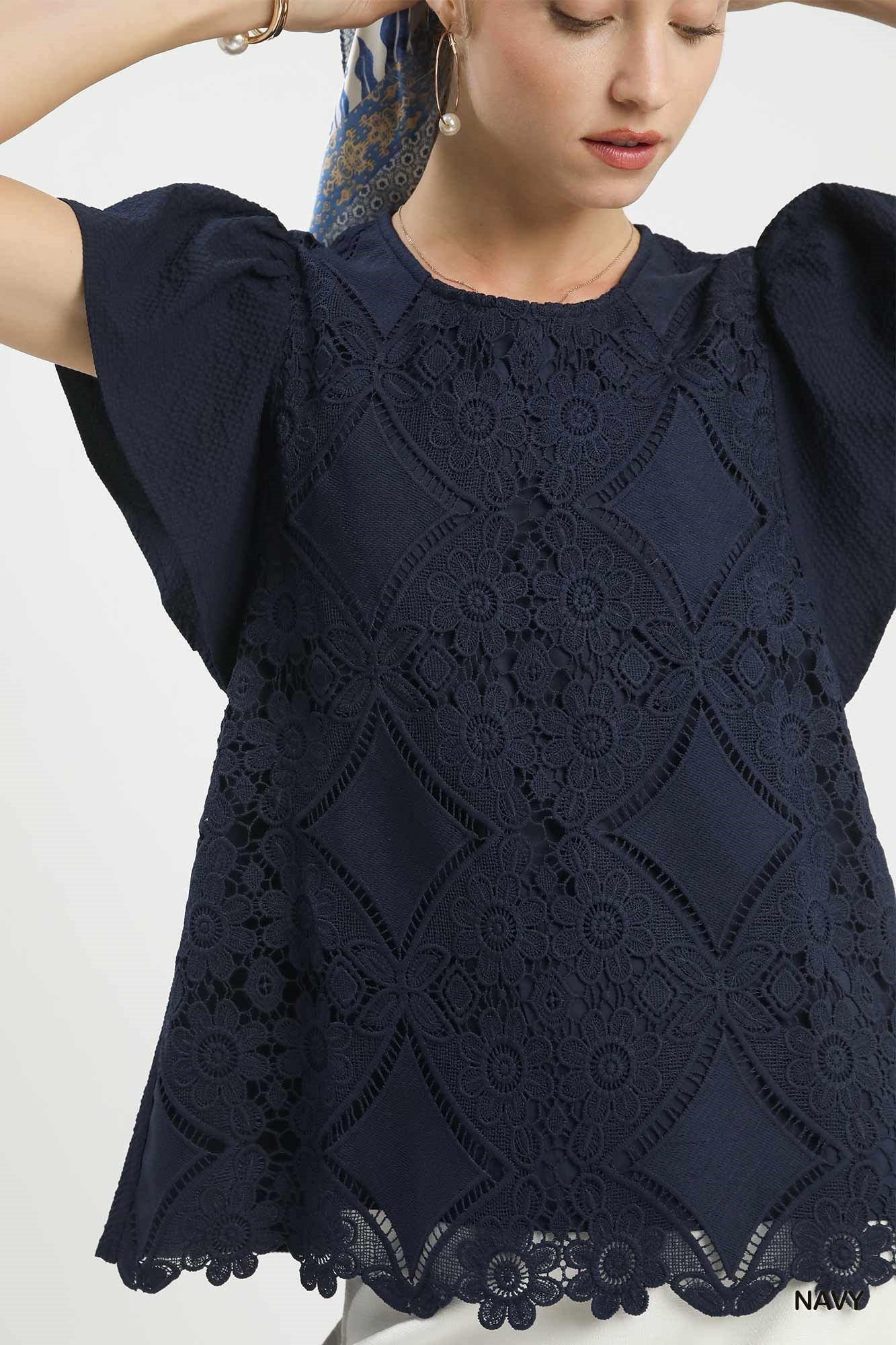 Floral Lace Overlay Flutter Sleeve Top - Image 4