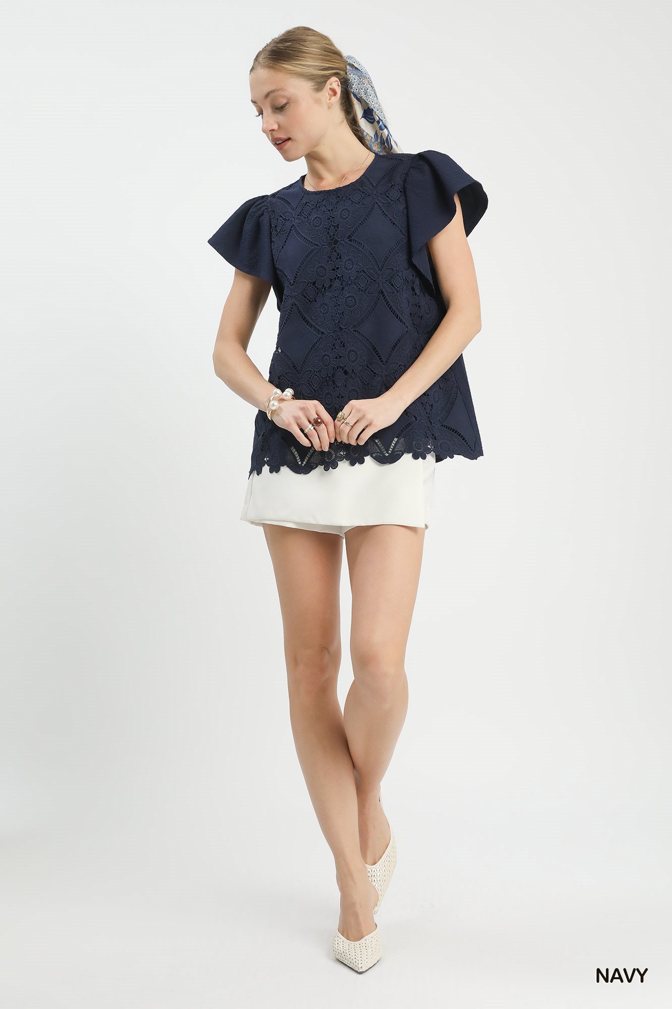 Floral Lace Overlay Flutter Sleeve Top - Image 5