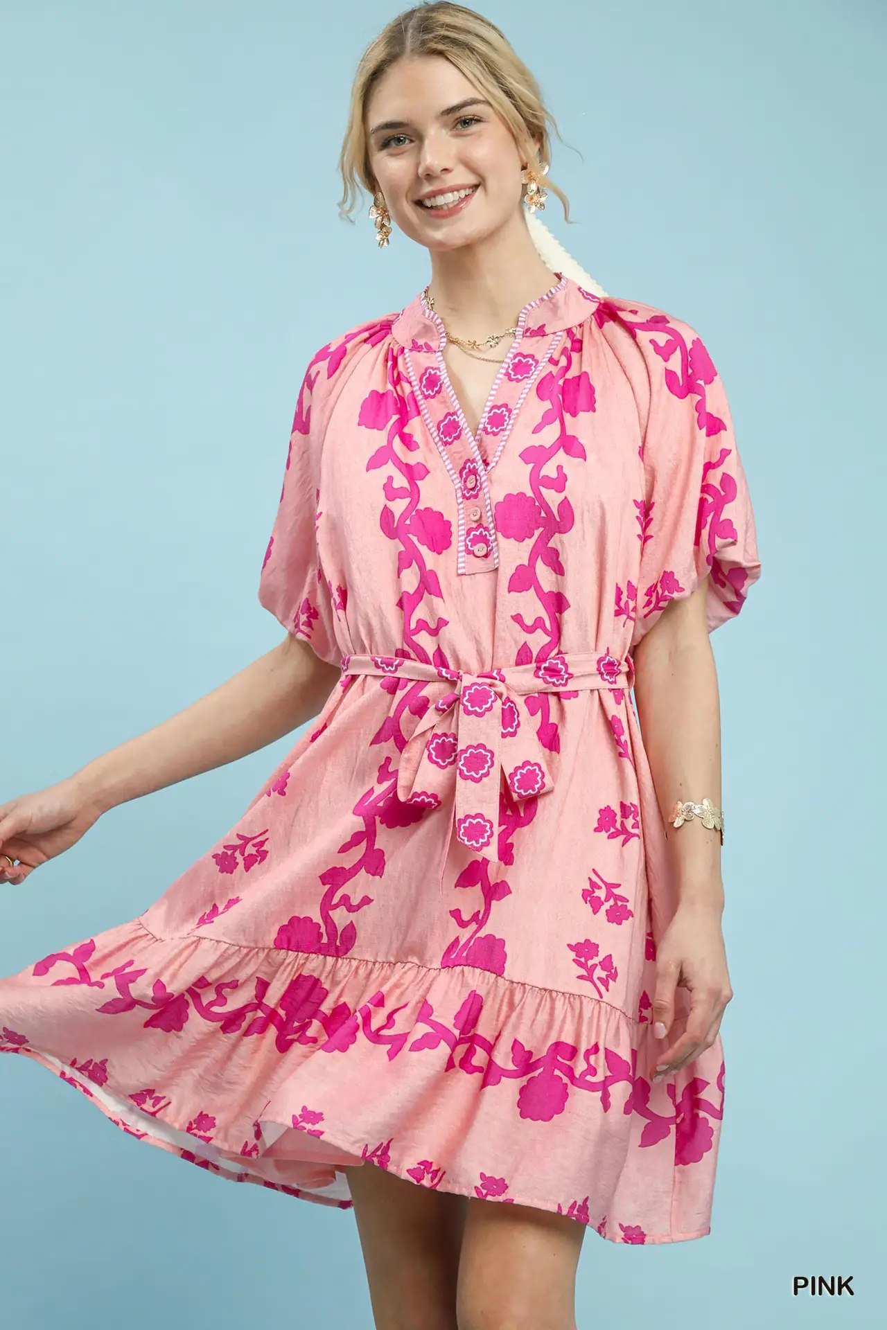 Pink Floral Tie-Waist Boho Mini Dress