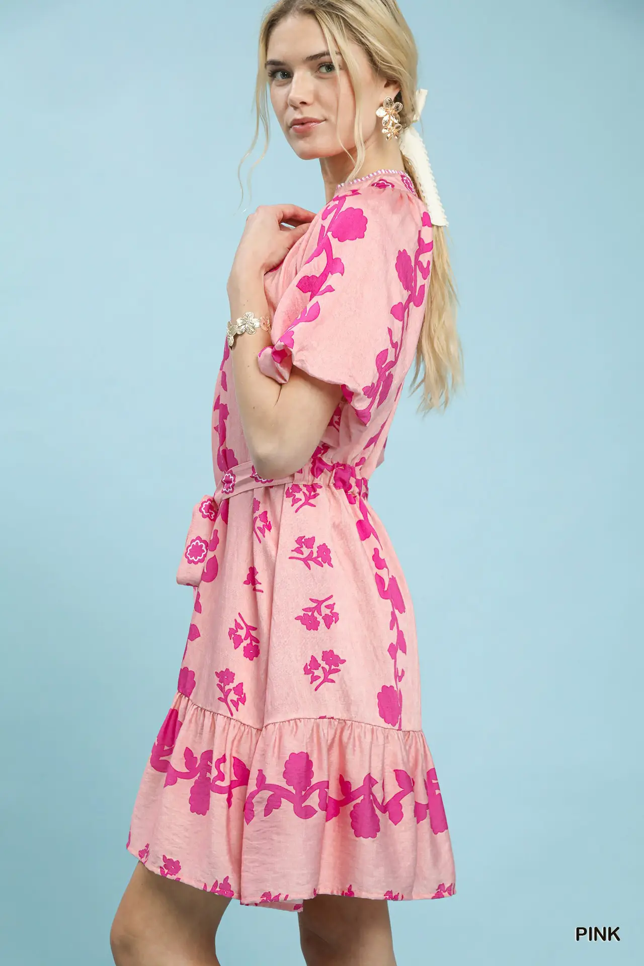Pink Floral Tie-Waist Boho Mini Dress
