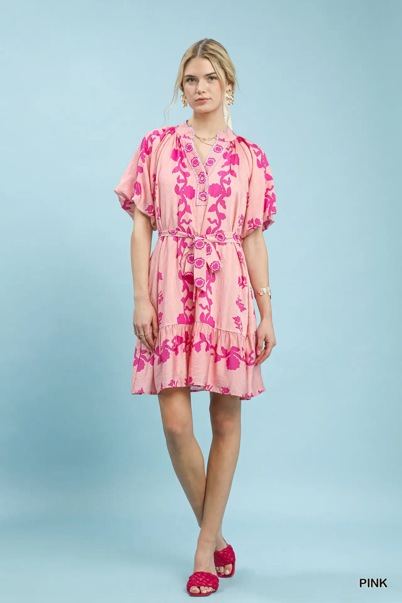Pink Floral Tie-Waist Boho Mini Dress