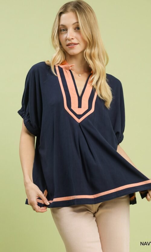 Linen Contrast Trim V-Neck Blouse