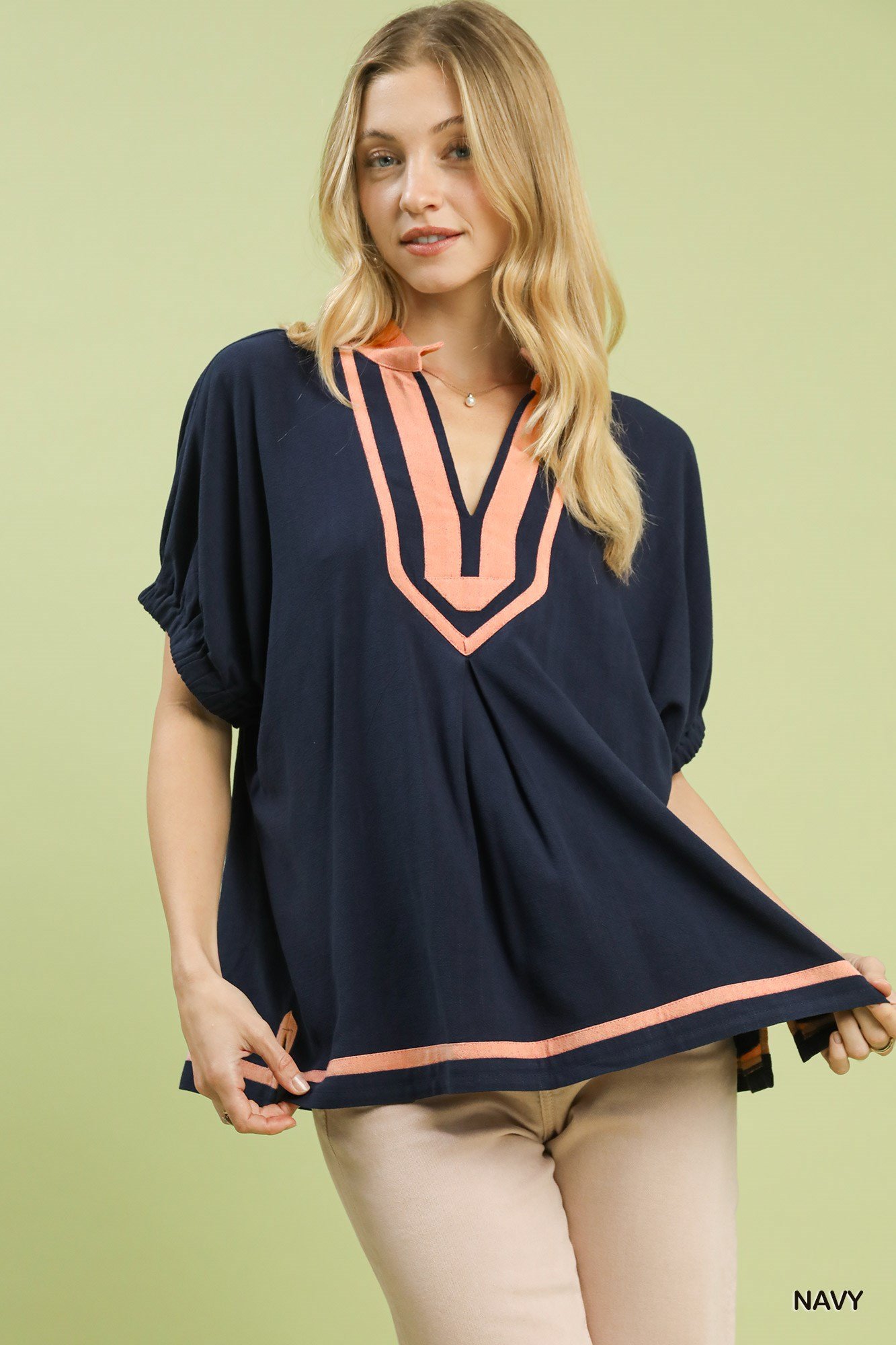 Linen Contrast Trim V-Neck Blouse