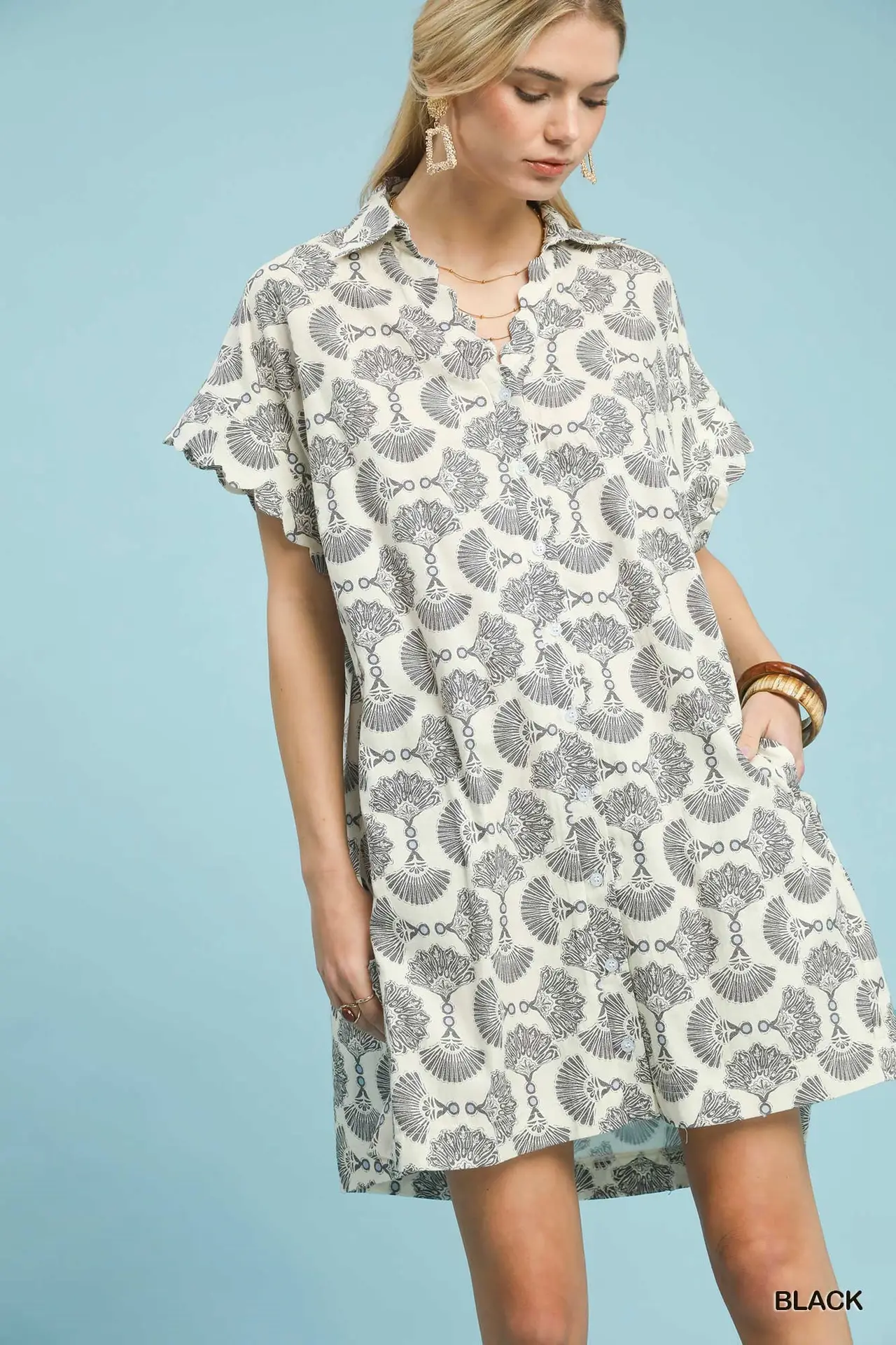 Women's Black Printed Button Front Shirt Dress