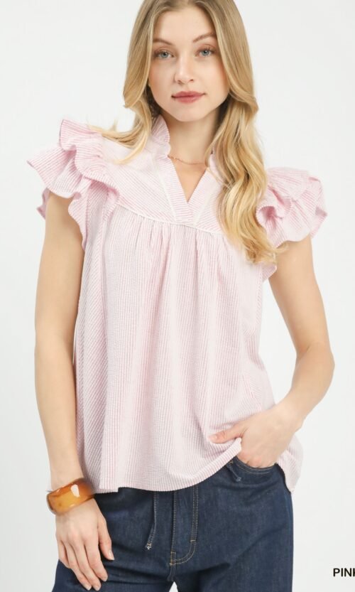 Women's Pink Ruffled Sleeve Textured Blouse