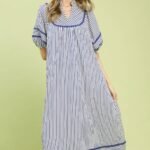 Women's Blue Striped Puff Sleeve Midi Dress with Pockets - BLUE