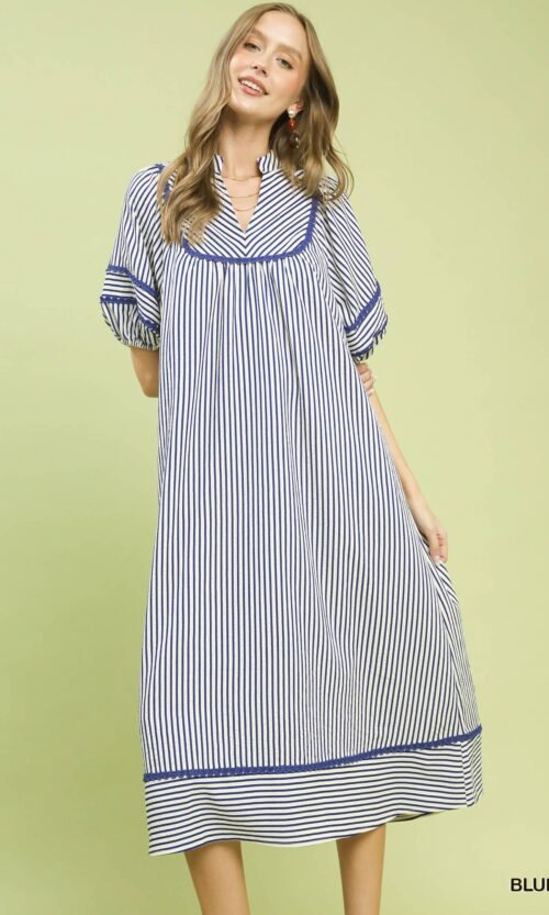 Women's Blue Striped Puff Sleeve Midi Dress with Pockets