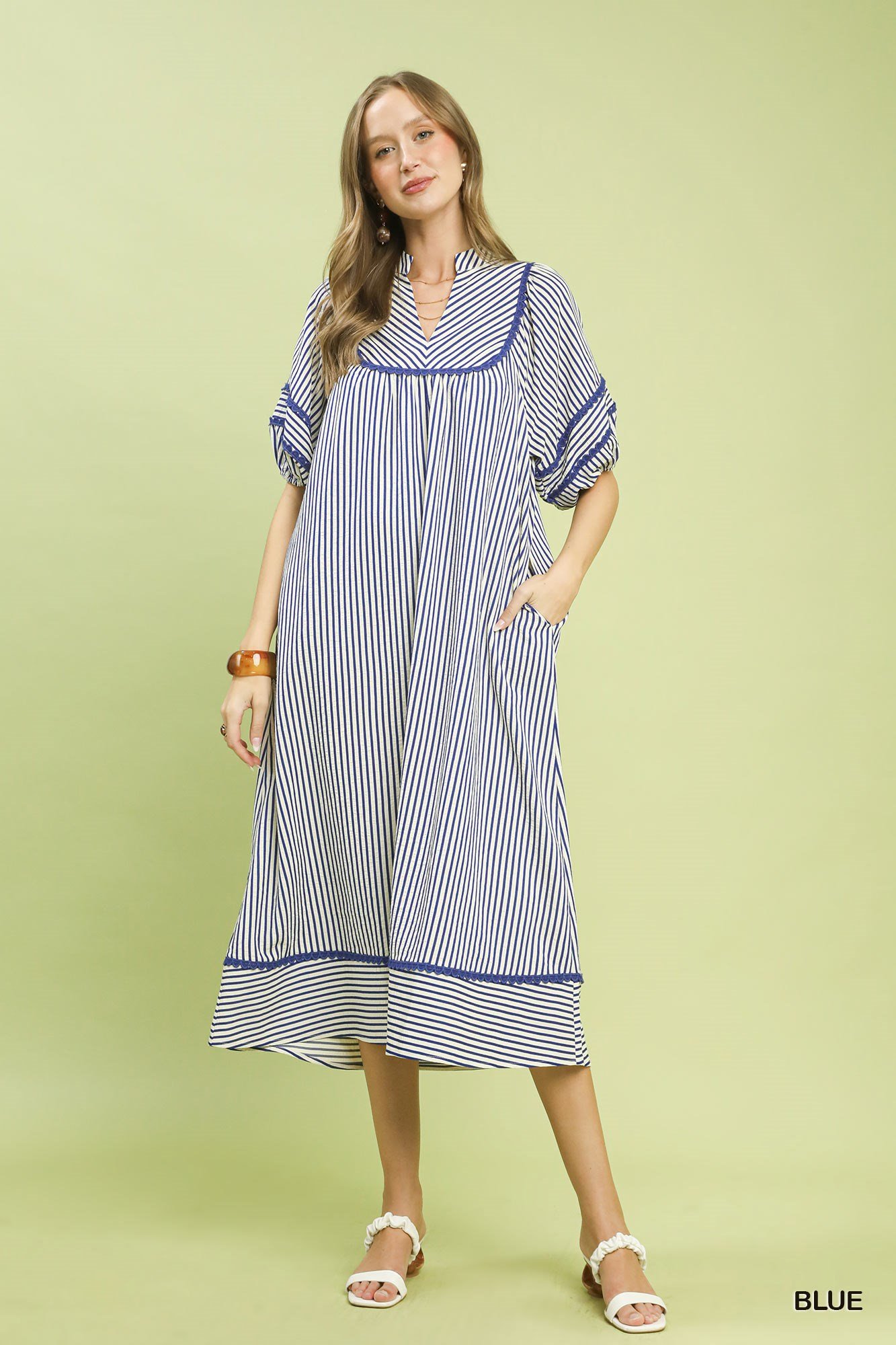 Women's Blue Striped Puff Sleeve Midi Dress with Pockets - Image 2