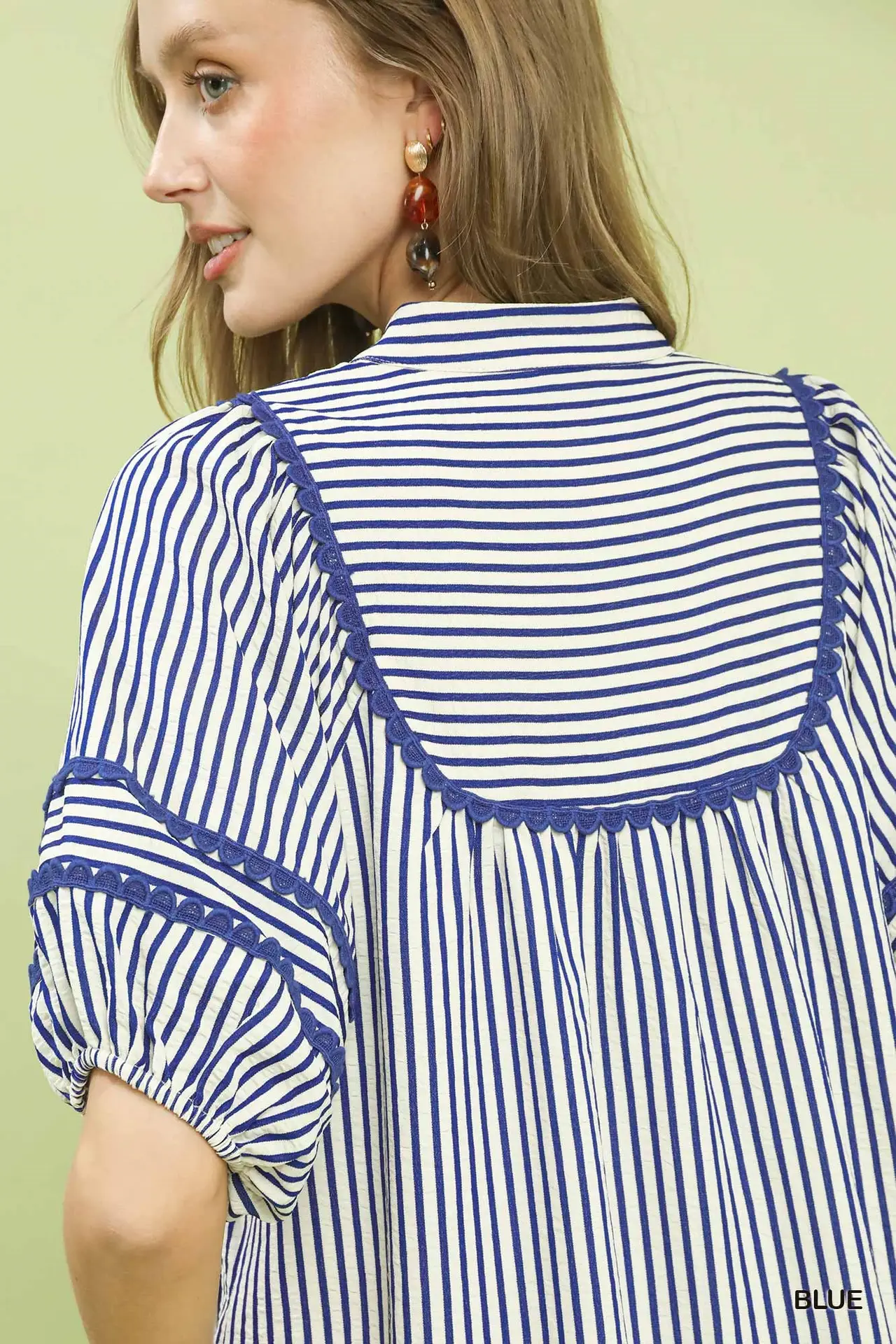 Women's Blue Striped Puff Sleeve Midi Dress with Pockets - Image 5