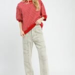 women's striped short sleeve pullover knit top 100% cotton casual red tee