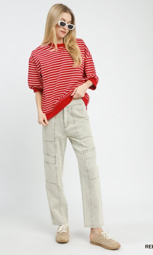 women's striped short sleeve pullover knit top 100% cotton casual red tee