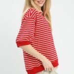 women's striped short sleeve pullover knit top 100% cotton casual red tee