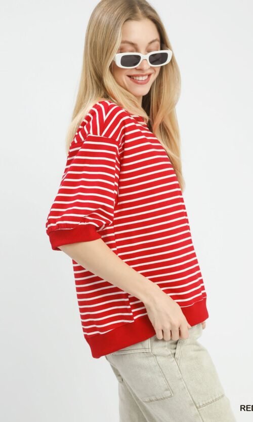 women's striped short sleeve pullover knit top 100% cotton casual red tee