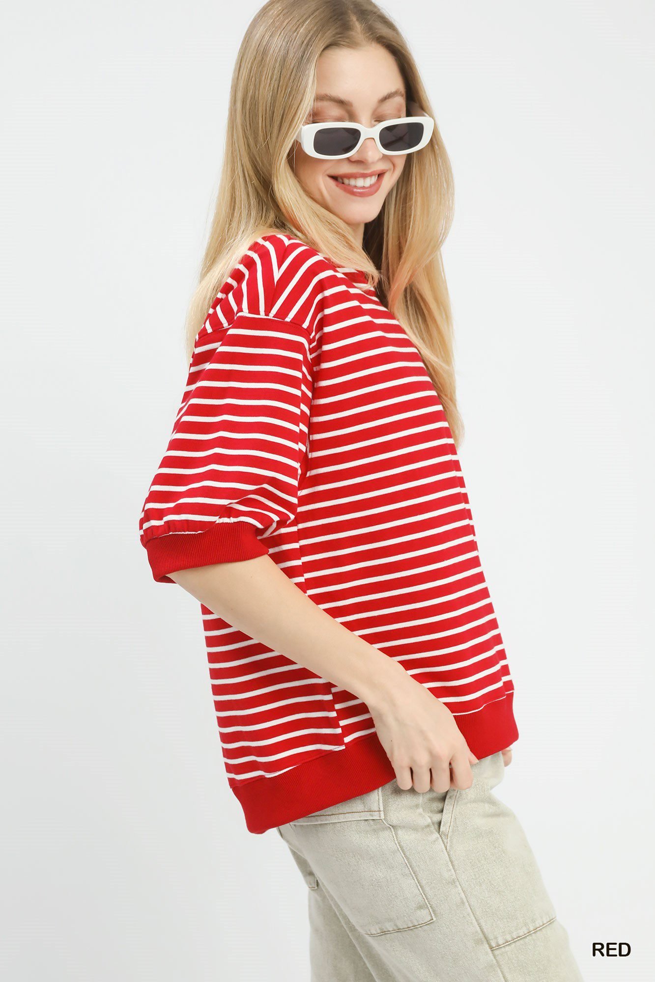 women's striped short sleeve pullover knit top 100% cotton casual red tee