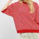 women's striped short sleeve pullover knit top 100% cotton casual red tee