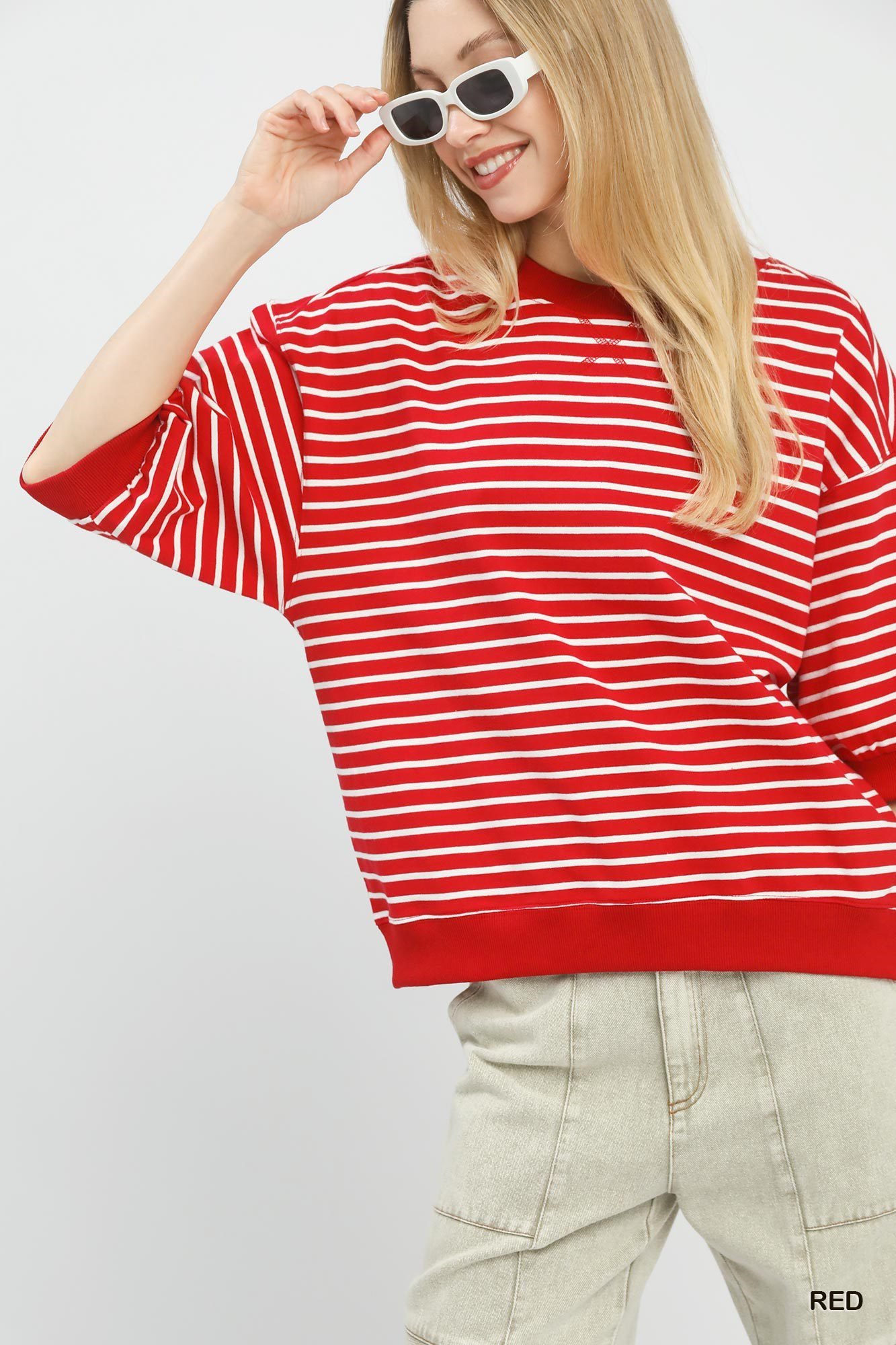 women's striped short sleeve pullover knit top 100% cotton casual red tee