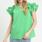 textured ruffle sleeve notched neck blouse chic casual green summer top