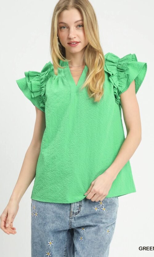 textured ruffle sleeve notched neck blouse chic casual green summer top