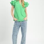 textured ruffle sleeve notched neck blouse chic casual green summer top