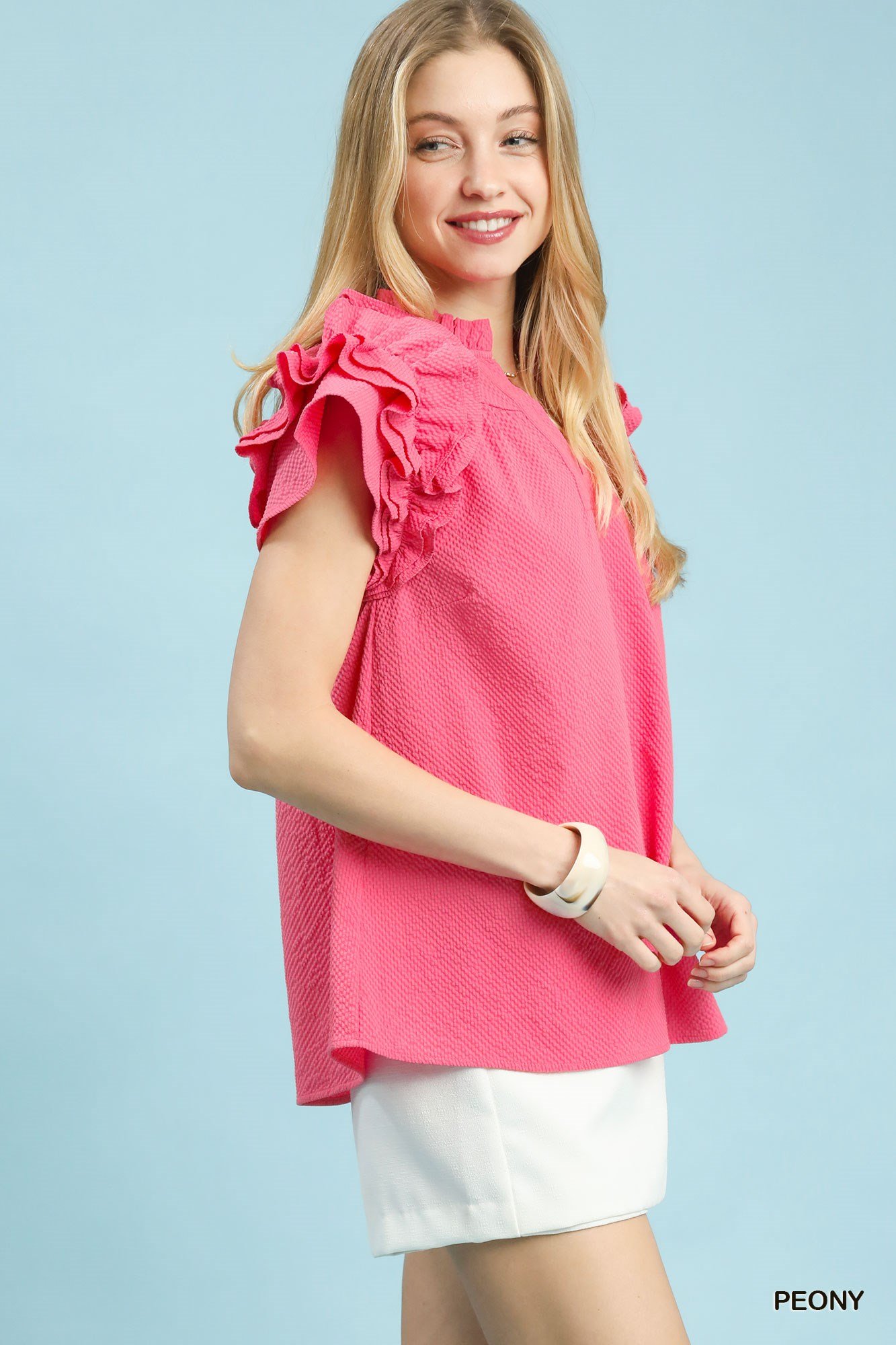Women's Peony Textured Ruffle Sleeve Notched Top - Image 5
