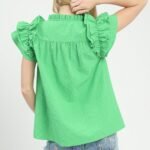 textured ruffle sleeve notched neck blouse chic casual green summer top