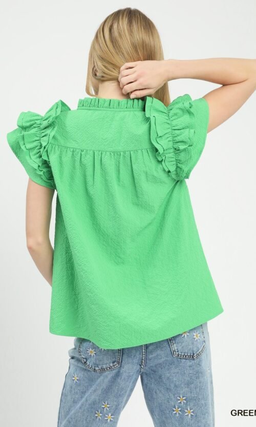 textured ruffle sleeve notched neck blouse chic casual green summer top