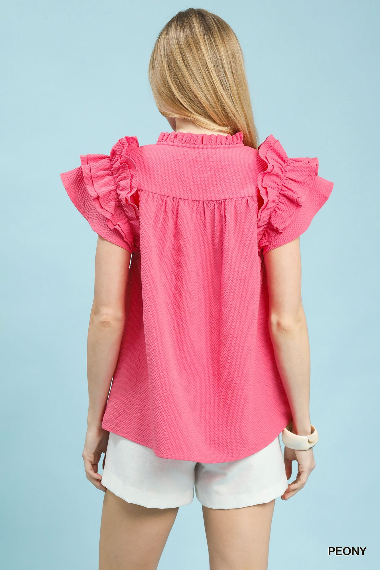 Women's Peony Textured Ruffle Sleeve Notched Top - Image 2