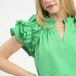 textured ruffle sleeve notched neck blouse chic casual green summer top