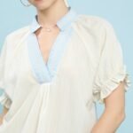 Cream Textured V-Neck Top with Delicate Lace Trim & Ruffled Puff Sleeves - Boho Chic Style - CREAM