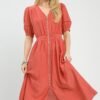 zip front smocked waist midi dress elegant salmon boho chic dress with lace details