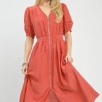 zip front smocked waist midi dress elegant salmon boho chic dress with lace details