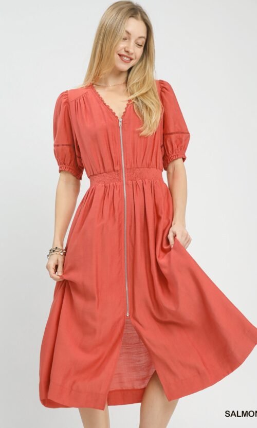 zip front smocked waist midi dress elegant salmon boho chic dress with lace details