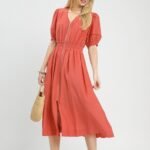 zip front smocked waist midi dress elegant salmon boho chic dress with lace details