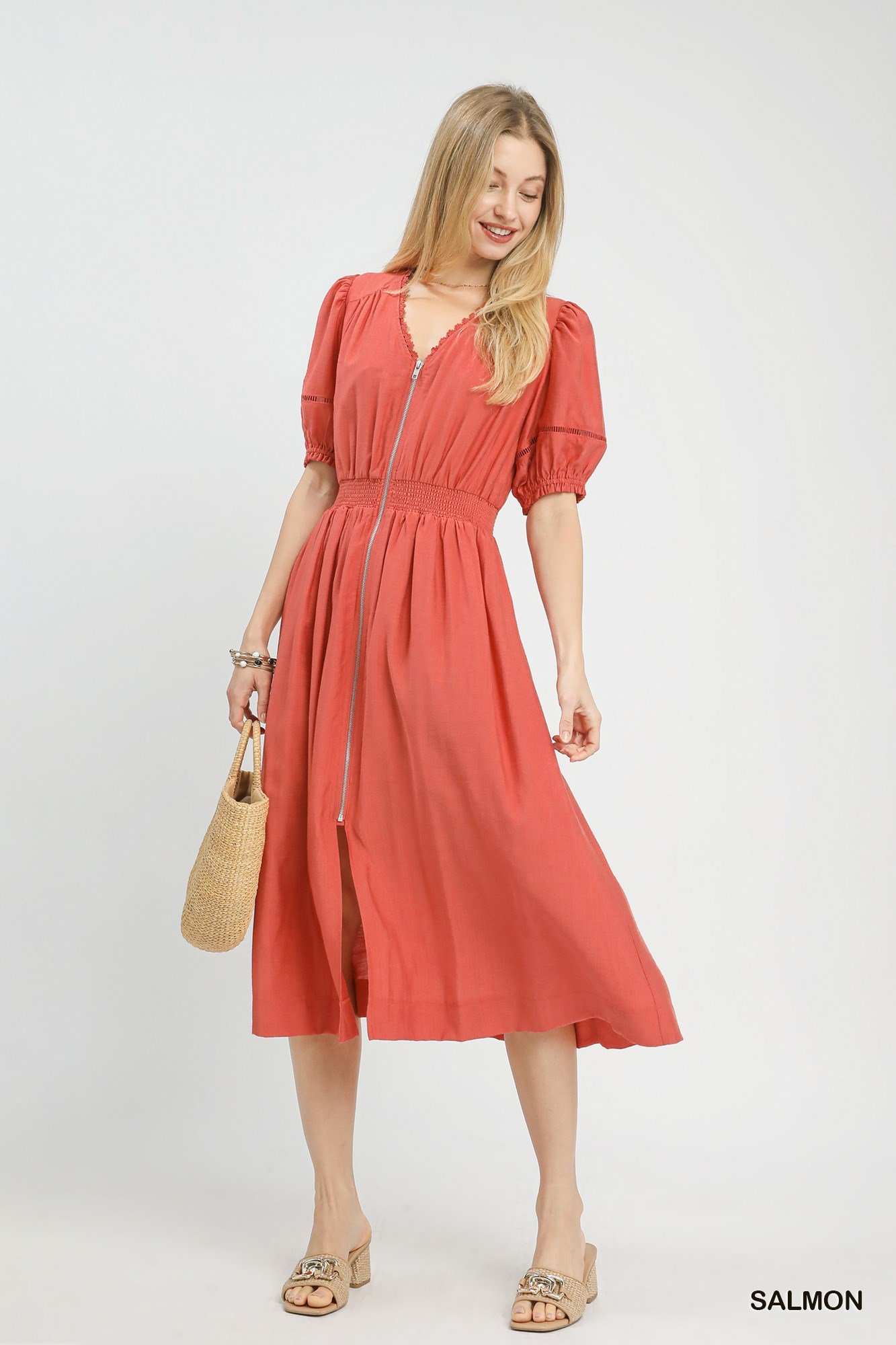 zip front smocked waist midi dress elegant salmon boho chic dress with lace details
