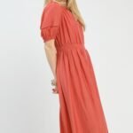 zip front smocked waist midi dress elegant salmon boho chic dress with lace details
