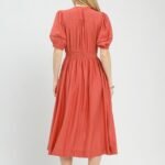 zip front smocked waist midi dress elegant salmon boho chic dress with lace details