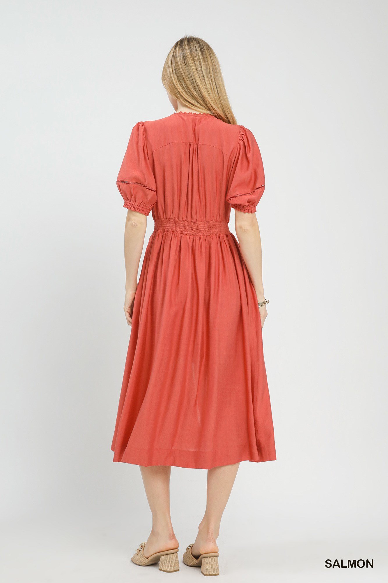 zip front smocked waist midi dress elegant salmon boho chic dress with lace details