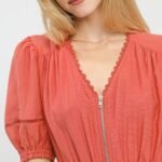 zip front smocked waist midi dress elegant salmon boho chic dress with lace details