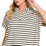 Modern Striped Split Neck Collared Blouse – Relaxed Fit Cotton Blend Top - Black