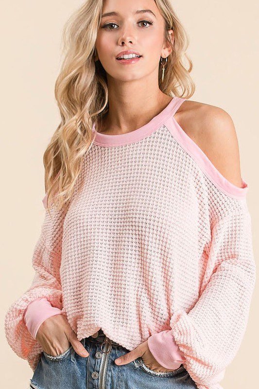 Blush Waffle Knit Cold Shoulder Long Sleeve Top