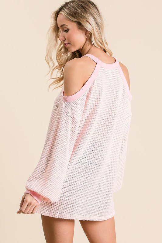 Blush Waffle Knit Cold Shoulder Long Sleeve Top