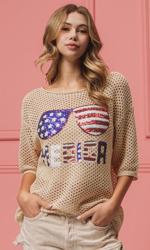 Sequin American Flag Knit Cover Up Top