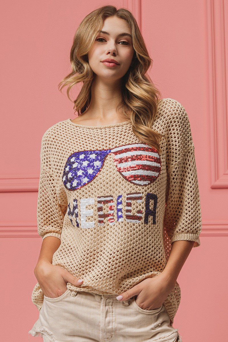 Sequin American Flag Knit Cover Up Top