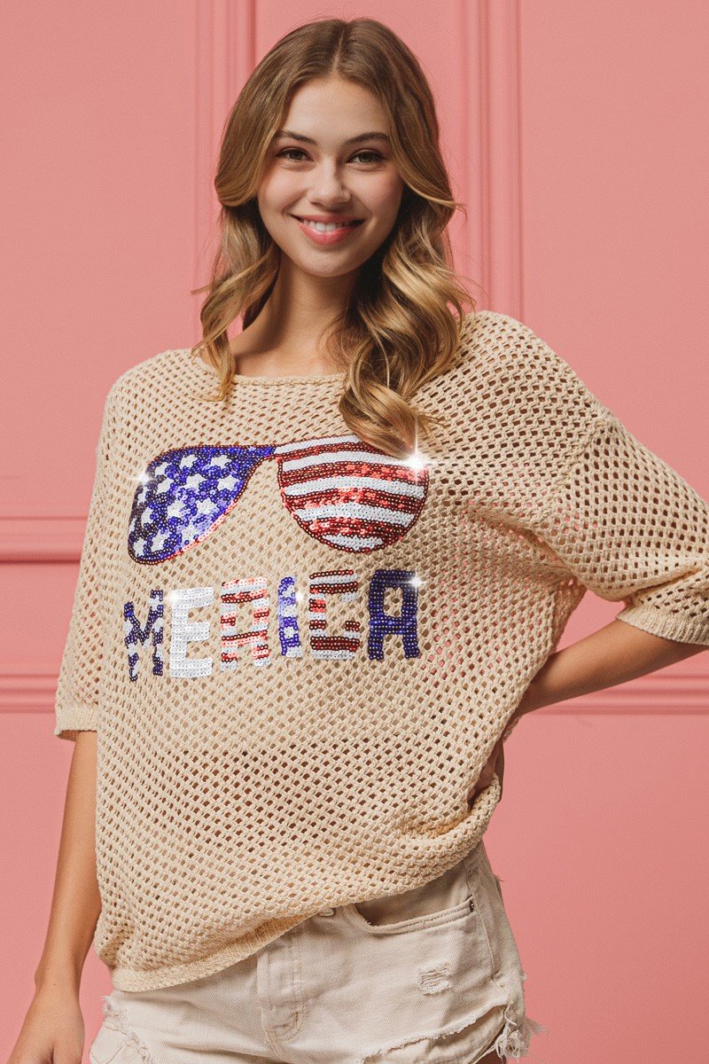 Sequin American Flag Knit Cover Up Top