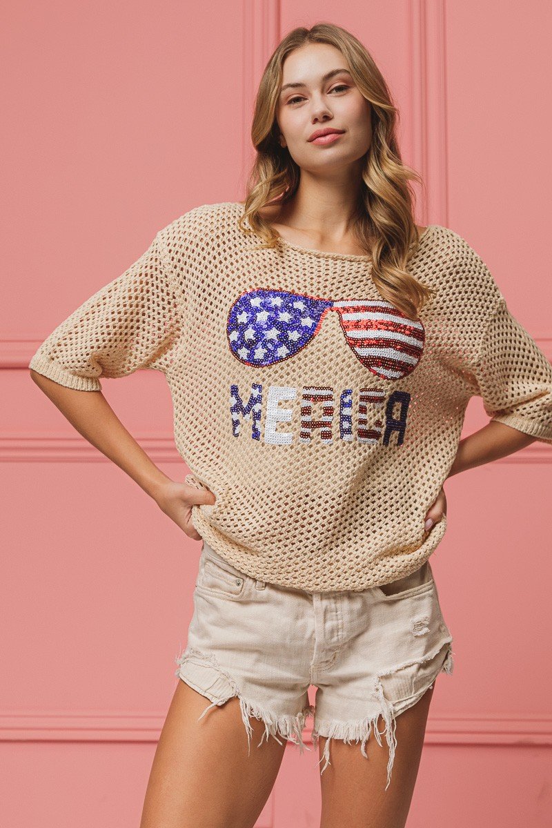 Sequin American Flag Knit Cover Up Top