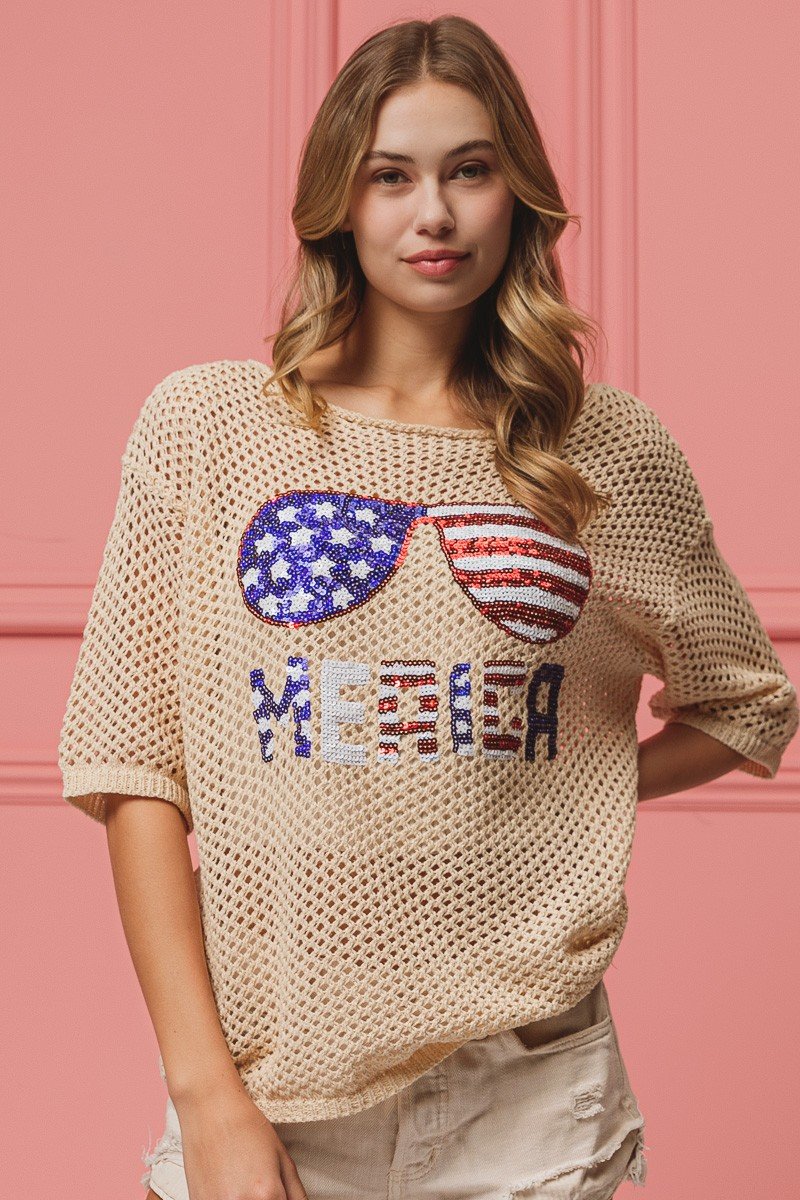 Sequin American Flag Knit Cover Up Top