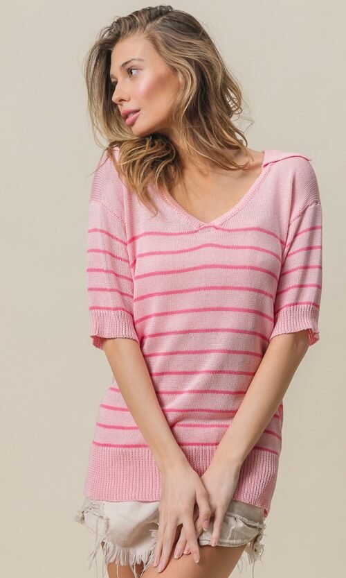 Pink Stripe Short Sleeve Collared V-Neck Top